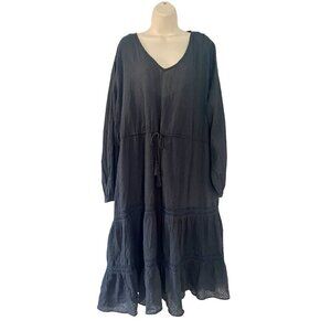 H&M Woman's Sz 18 Black Tiered Dress W/ Lace Drawstring Waist Midi Dress NWT